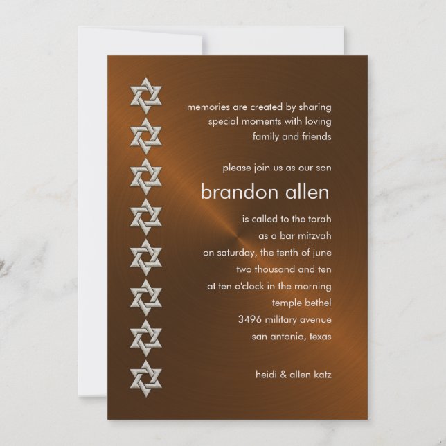 Bar Mitzvah Copper Sheen Silver Stars of David Invitation (Front)