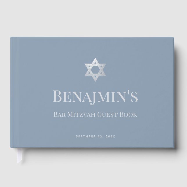 Bar Mitzvah Dusty Blue Faux Silver Star of David  Guest Book (Front)