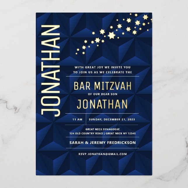 Bar Mitzvah Elegant Navy REAL GOLD Foil Invitation (Front)