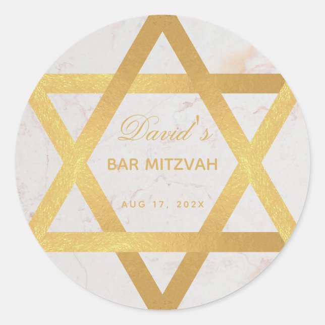 Bar Mitzvah Faux Gold Star of David Script Marble  Classic Round Sticker (Front)