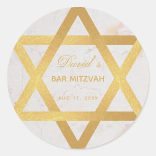 Bar Mitzvah Faux Gold Star of David Script Marble Classic Round Sticker