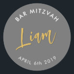 BAR MITZVAH favour modern grey gold Classic Round Sticker<br><div class="desc">by kat massard
Sticker seal for your child's Bar Mitzvah - use as envelope seals or favours to dress up the reception.</div>