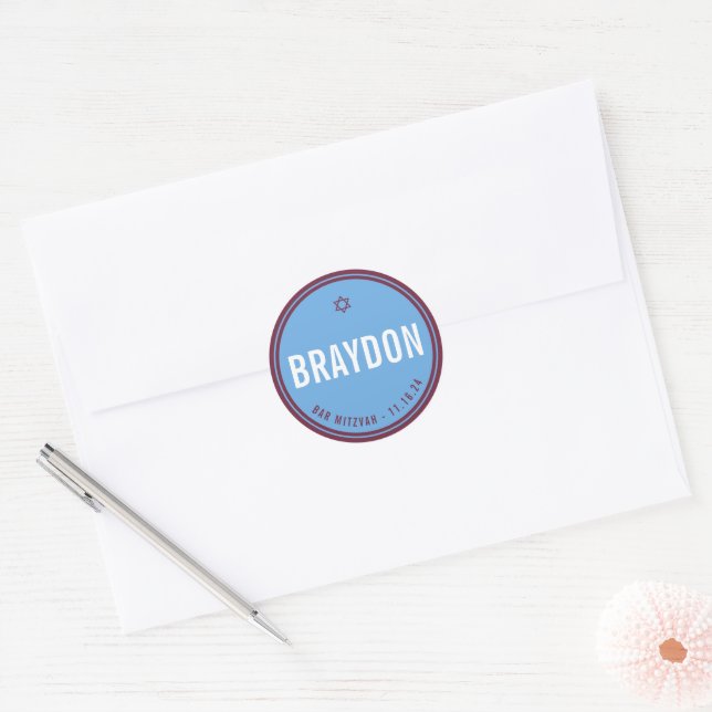 BAR MITZVAH favour modern maroon blue Classic Round Sticker (Envelope)