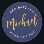 BAR MITZVAH favour modern navy gold calligraphy Classic Round Sticker<br><div class="desc">by kat massard
Sticker seal for your child's Bar / Bat Mitzvah - use as envelope seals or favours to dress up the reception.</div>