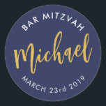 BAR MITZVAH favour modern navy gold calligraphy Classic Round Sticker<br><div class="desc">by kat massard
Sticker seal for your child's Bar / Bat Mitzvah - use as envelope seals or favours to dress up the reception.</div>