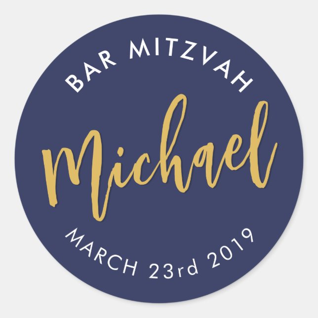 BAR MITZVAH favour modern navy gold calligraphy Classic Round Sticker (Front)