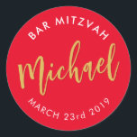 BAR MITZVAH favour modern red gold calligraphy Classic Round Sticker<br><div class="desc">by kat massard
Sticker seal for your child's Bar / Bat Mitzvah - use as envelope seals or favours to dress up the reception.</div>