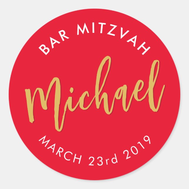 BAR MITZVAH favour modern red gold calligraphy Classic Round Sticker (Front)