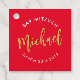 BAR MITZVAH favour modern red gold calligraphy Tags