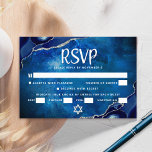 Bar Mitzvah Galaxy Blue Agate Watercolor Script RSVP Card<br><div class="desc">Be proud, rejoice and celebrate this milestone of your favourite Bar Mitzvah with this cool, unique, modern, personalised RSVP insert card for your event! White script typography and Star of David overlay a deep blue galaxy watercolor background with navy blue agate accented with faux silver veins. Personalise the custom text...</div>