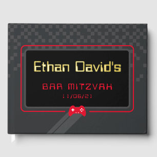 BAR MITZVAH gamer cool trendy red black Guest Book