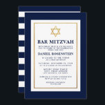 Bar Mitzvah Gold Blue and White Striped Invitation<br><div class="desc">Bar Mitzvah Blue White Gold Invitation Card - Gold Star,  Striped Back</div>
