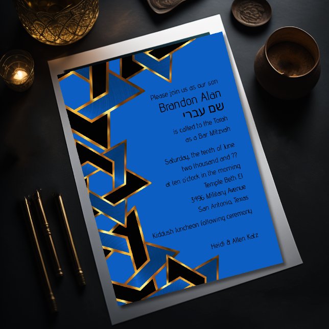Bar Mitzvah Gold Blue Black Star of David Invitation (Creator Uploaded)
