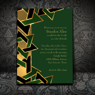 Bar Mitzvah Gold Green Black Star of David  Invitation