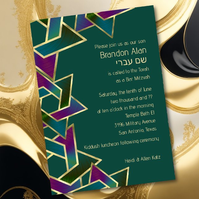 Bar Mitzvah Gold Purple Blue Green Star of David Invitation (Creator Uploaded)
