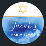 BAR MITZVAH gold star smart blue watercolor invite Classic Round Sticker<br><div class="desc">by kat massard >>> WWW.SIMPLYSWEETPAPERIE.COM <<<</div>