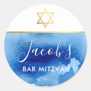 BAR MITZVAH gold star smart blue watercolor invite Classic Round Sticker