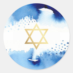 BAR MITZVAH gold star smart dark blue watercolor Classic Round Sticker