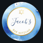 BAR MITZVAH gold star smart dark blue watercolor Classic Round Sticker<br><div class="desc">by kat massard >>> WWW.SIMPLYSWEETPAPERIE.COM <<<</div>
