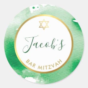 BAR MITZVAH gold star smart kelly green watercolor Classic Round Sticker