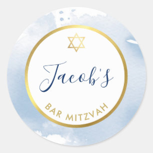 BAR MITZVAH gold star smart pale blue watercolor Classic Round Sticker