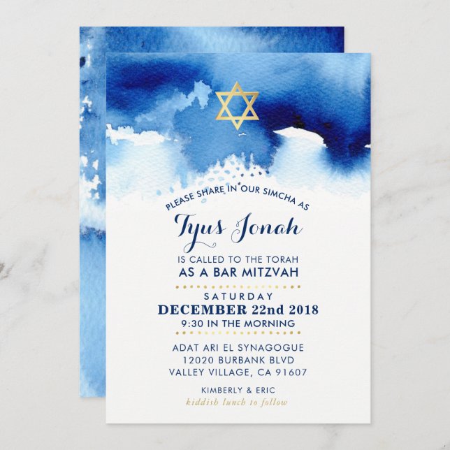 BAR MITZVAH gold star stylish blue watercolor TYUS Invitation (Front/Back)