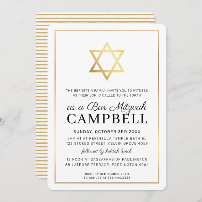 BAR MITZVAH gold star tradtional modern black Invitation (Front/Back)
