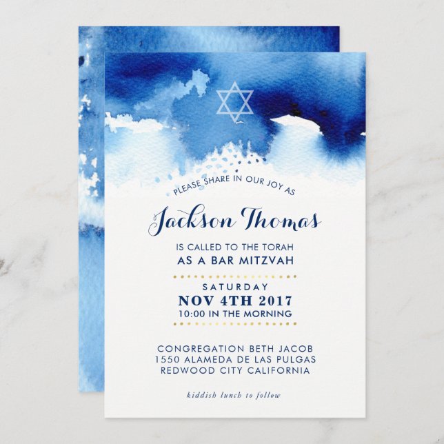 BAR MITZVAH gold stylish blue watercolor invite (Front/Back)