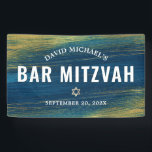 Bar Mitzvah Gold Turquoise Bold Modern Typography  Banner<br><div class="desc">Be proud, rejoice and showcase this milestone of your favourite Bar Mitzvah! Hang up this cool, unique, modern, personalised banner to add to his special day. Metallic gold foil brush strokes and Star of David, along with bold, white typography, overlay a rich, turquoise blue ombre paint background. Personalise the custom...</div>