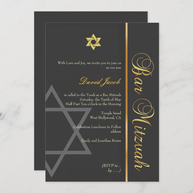 BAR MITZVAH GRAPHITE/GOLD/DIY COLOR INVITATION (Front/Back)