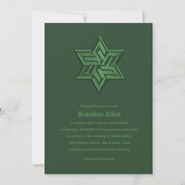 Bar Mitzvah Green Tones Star of David Invitation (Front)