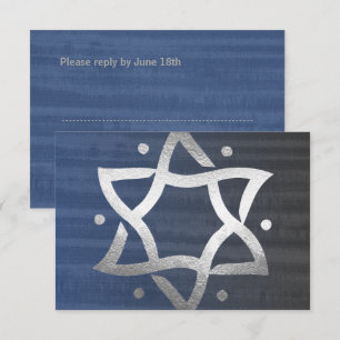 Bar Mitzvah Grey and Blue Wooden Silver Star RSVP Card