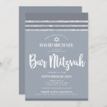 Bar Mitzvah Grey Silver Tallit Simple Modern Bold Invitation<br><div class="desc">Be proud, rejoice and showcase this milestone of your favourite Bar Mitzvah! Send out this cool, unique, modern, personalised invitation for an event to remember. Bold, white script typography, Star of David and a soft grey and silver glitter striped tallit inspired graphic overlay a simple, lighter soft grey background. Personalise...</div>