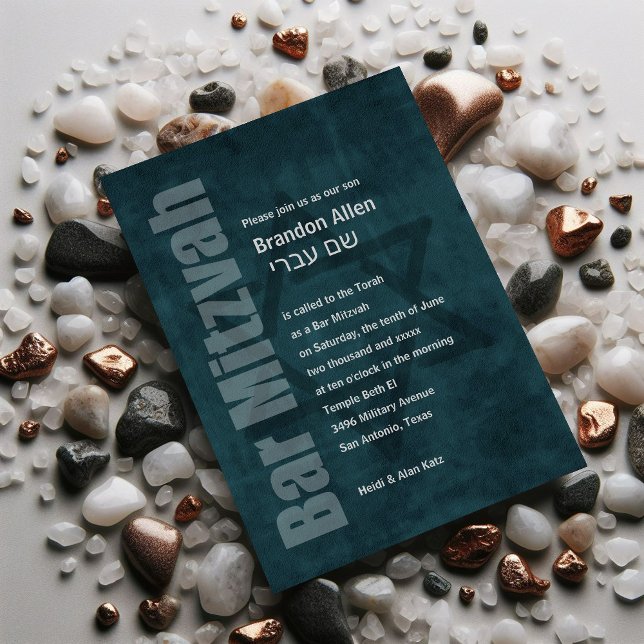 Bar Mitzvah Grunge Teal Invitation (Creator Uploaded)