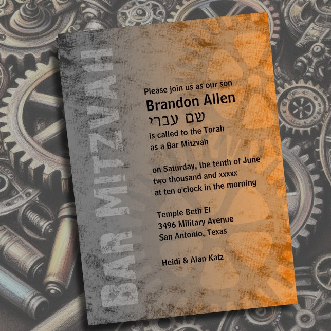 Bar Mitzvah Industrial Grunge Orange Grey Invitation (Creator Uploaded)