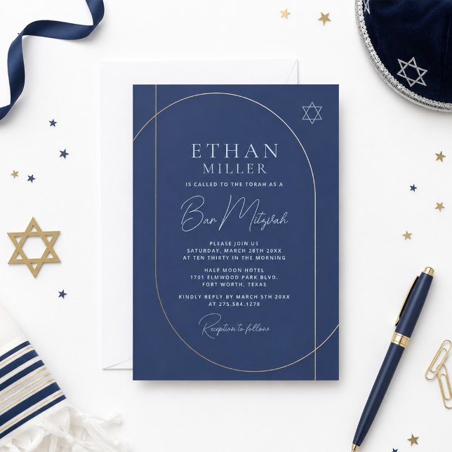 Bar Mitzvah Invitation Modern Navy Gold (Creator Uploaded)