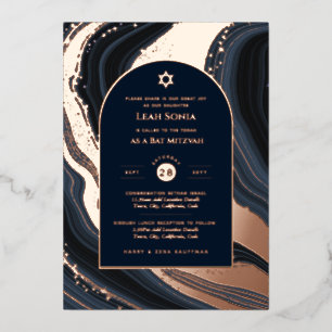 Bar Mitzvah Invitation Real Foil Agate Gold Blue