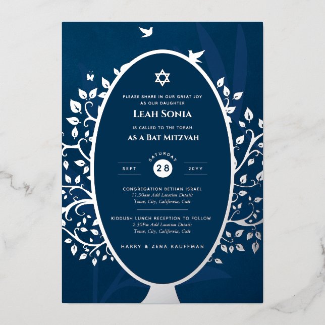 Bar Mitzvah Invitation REAL FOIL Tree of Life Gold (Front)