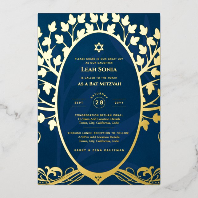 Bar Mitzvah Invitation REAL FOIL Tree of Life Gold (Front)
