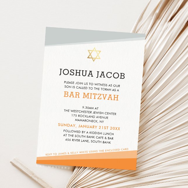 BAR MITZVAH INVITE simple modern bold orange grey (Creator Uploaded)