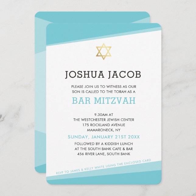 BAR MITZVAH INVITE simple modern turquoise blue (Front/Back)