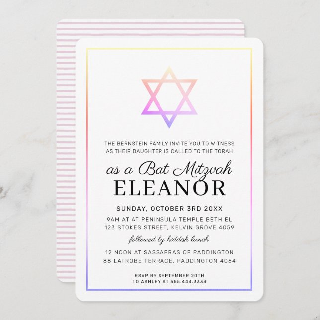 BAR MITZVAH jewish star modern holigraphic rainbow Invitation (Front/Back)