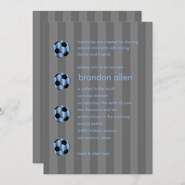 Bar Mitzvah Light Blue and Black Soccer Ball Invitation (Front/Back)