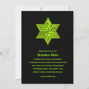 Bar Mitzvah Lime Green on Black, Star of David Invitation