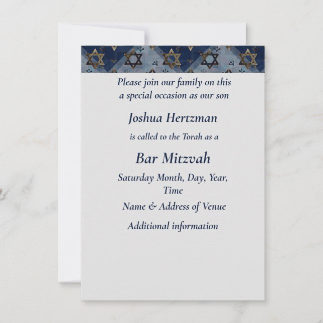 Bar Mitzvah Mazel Tov Blue Grey Star of David Invitation (Front)