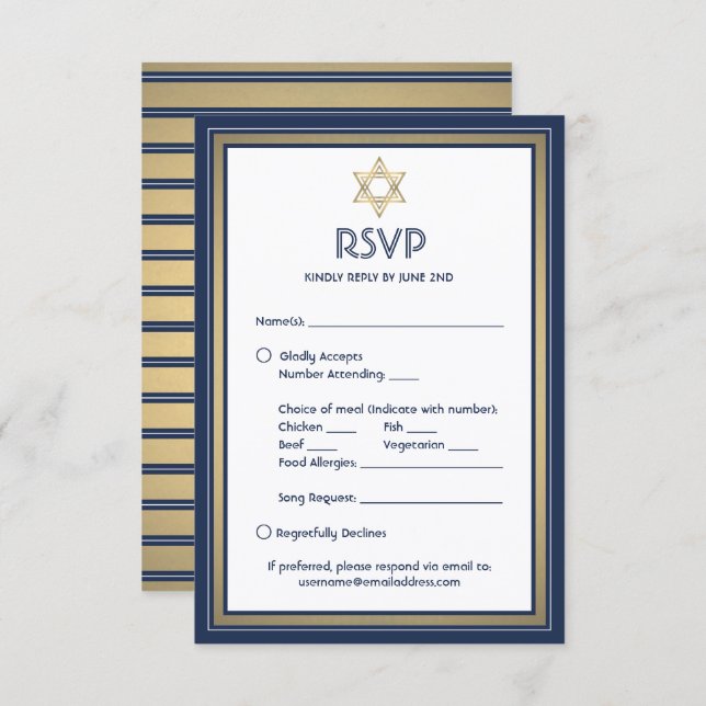 Bar Mitzvah Meal Options Song Request Blue Gold RSVP Card (Front/Back)