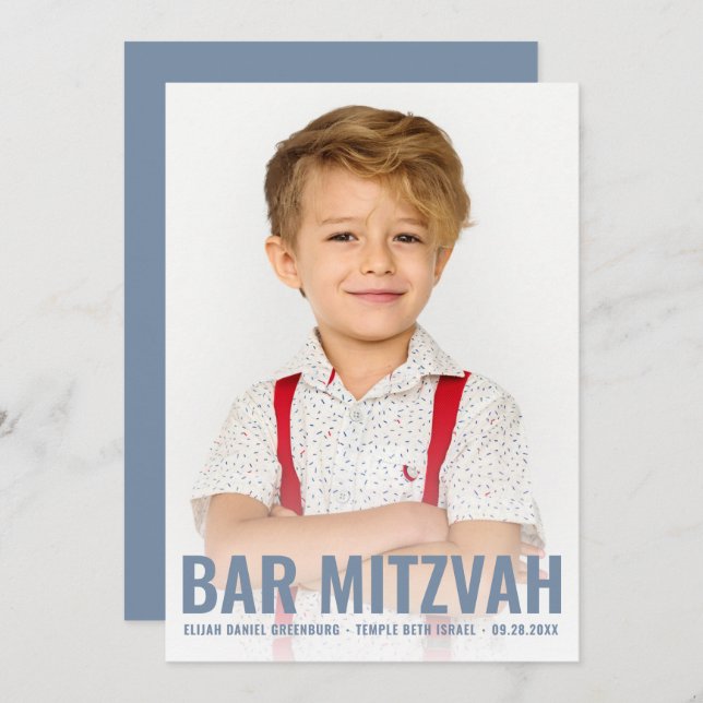 Bar Mitzvah Modern and Simple Star of David Photo Invitation (Front/Back)