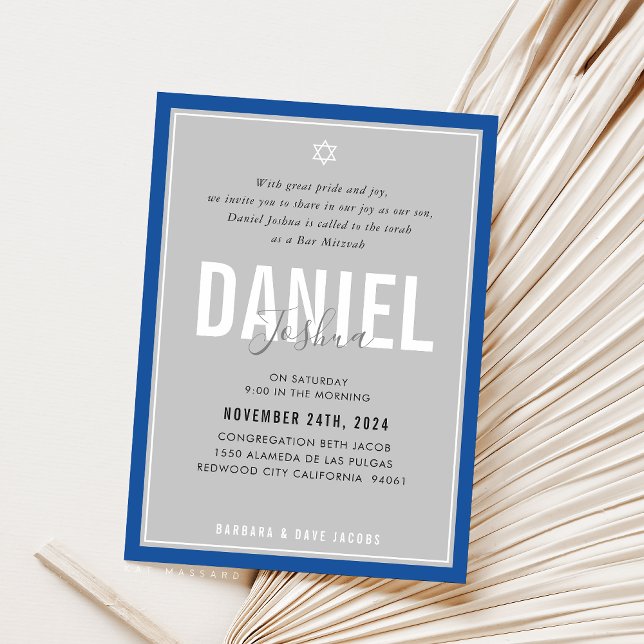BAR MITZVAH modern athletic boy bold blue grey Invitation (Creator Uploaded)