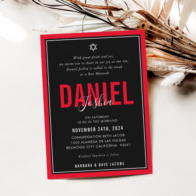 BAR MITZVAH modern athletic boy bold red black Invitation (Creator Uploaded)