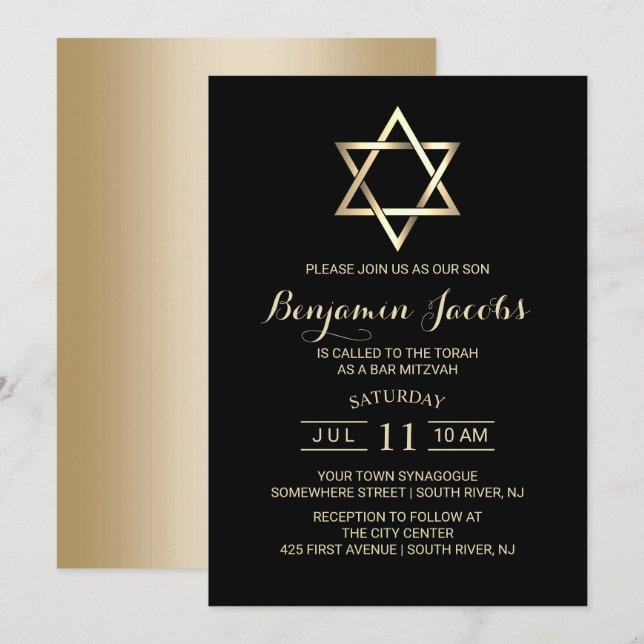 Bar Mitzvah Modern Black & Gold Jewish Invitation (Front/Back)